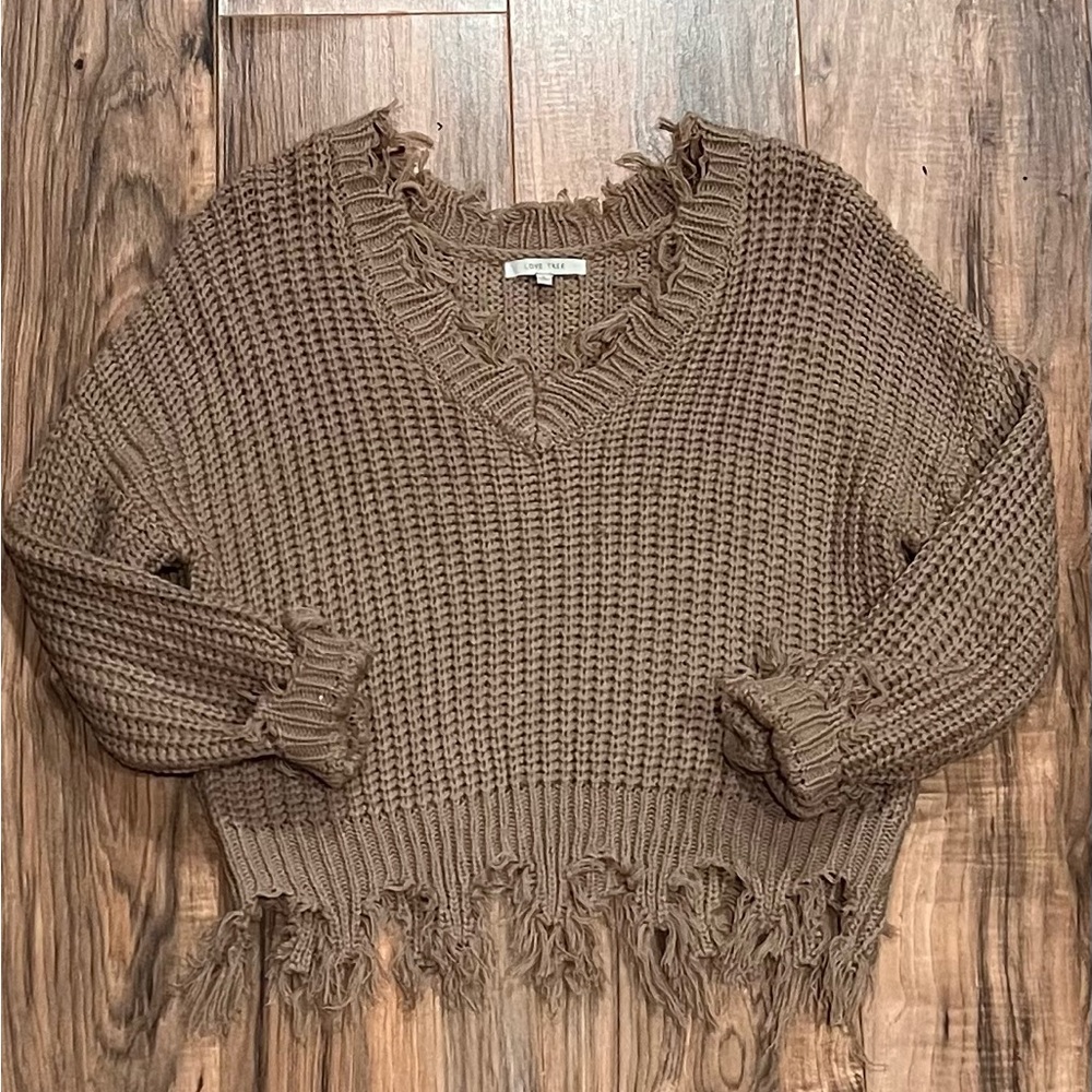 Brown Frayed Hem Sweater